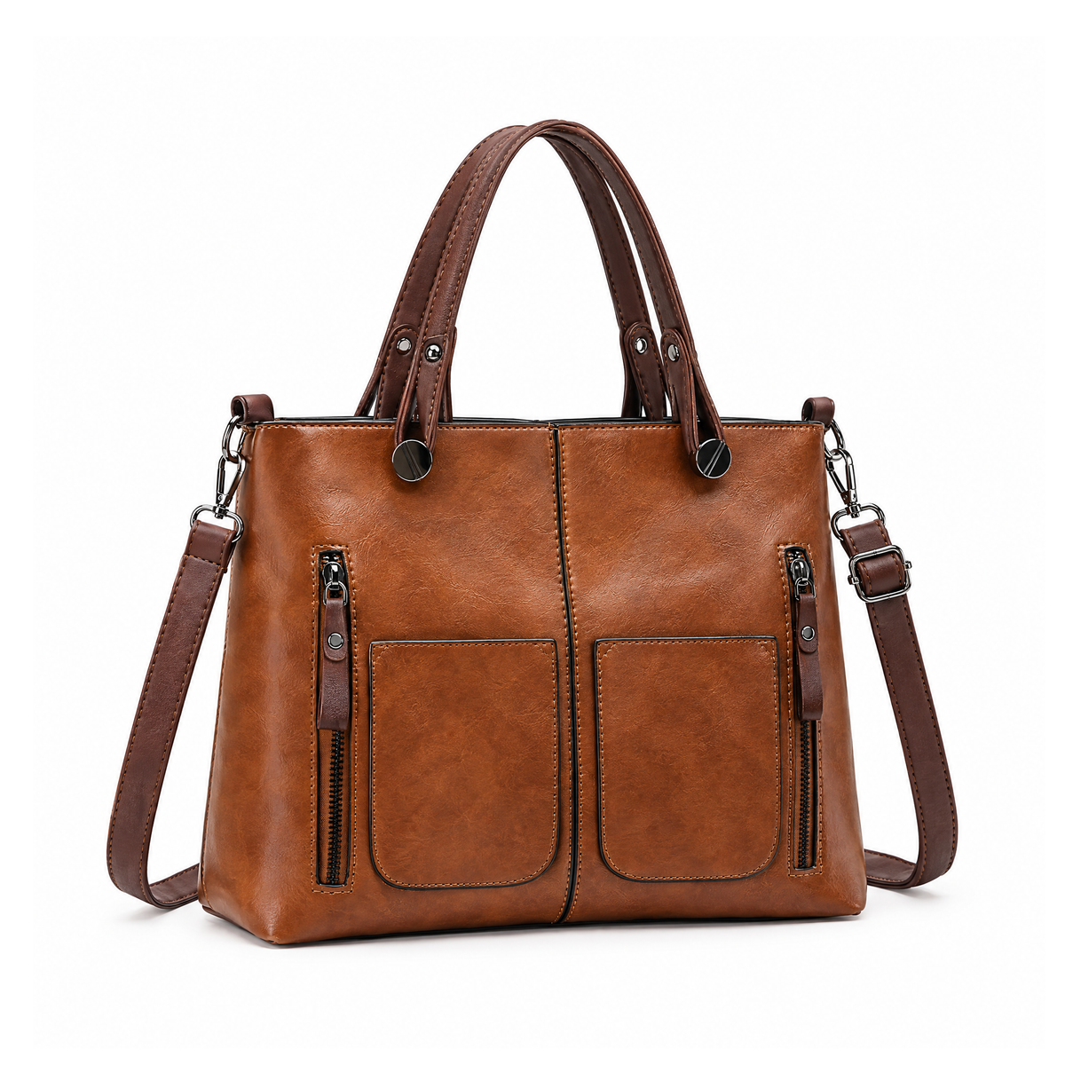 Leather Handbag With Front Pockets and a Detachable Shoulder Strap — angled view