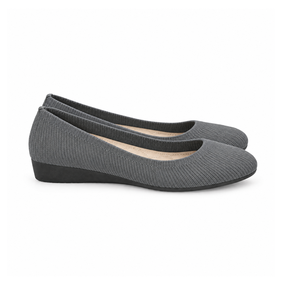 Round-Toe Slip-On Flats With Textured Uppers and Low Wedge Soles — angled view