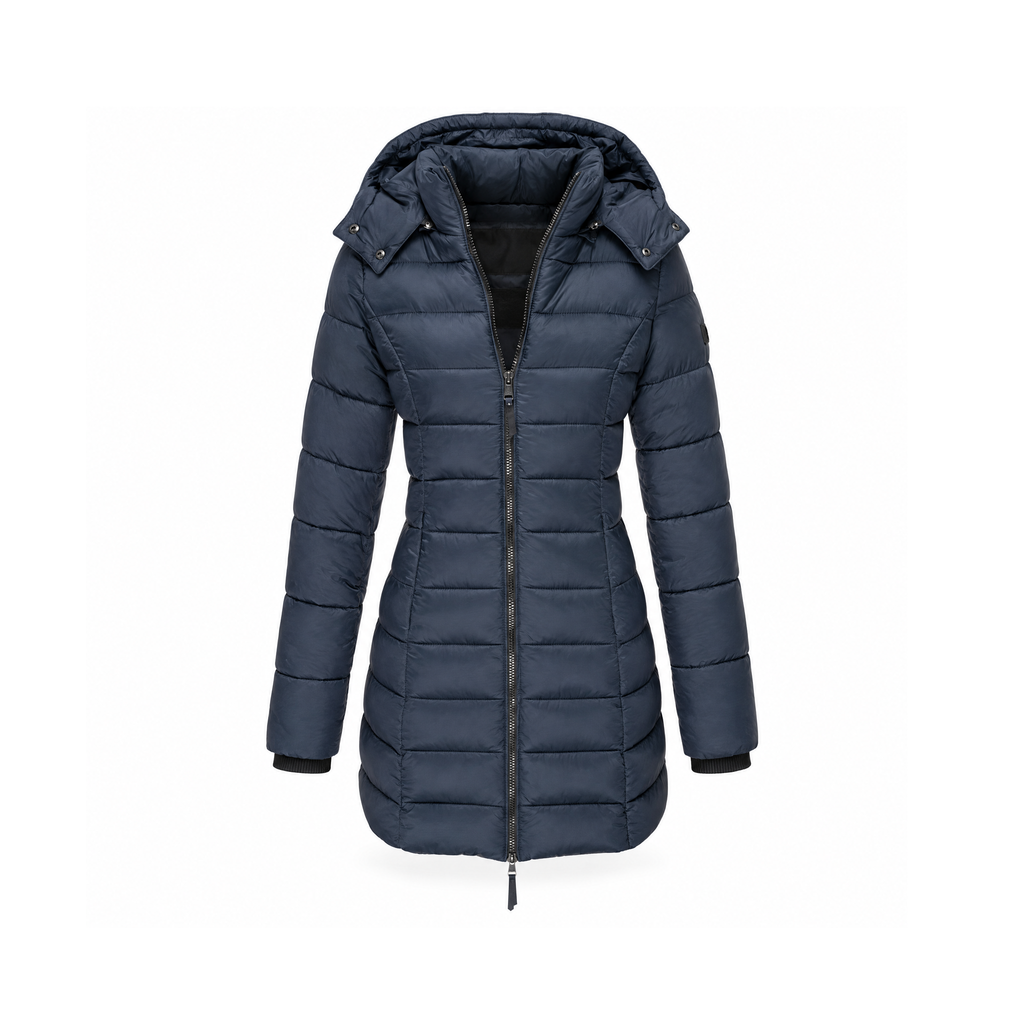 Longline Hooded Down Jacket With Horizontal Quilting — front view