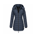 Longline Hooded Down Jacket With Horizontal Quilting — front view