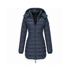 Longline Hooded Down Jacket With Horizontal Quilting — front view
