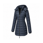 Longline Hooded Down Jacket With Horizontal Quilting — angled view