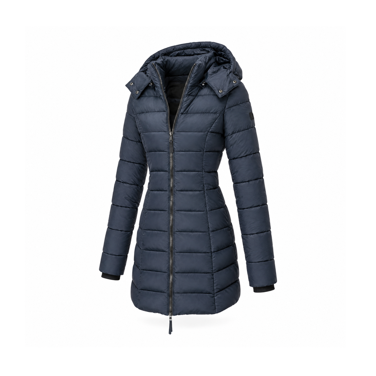 Longline Hooded Down Jacket With Horizontal Quilting — angled view