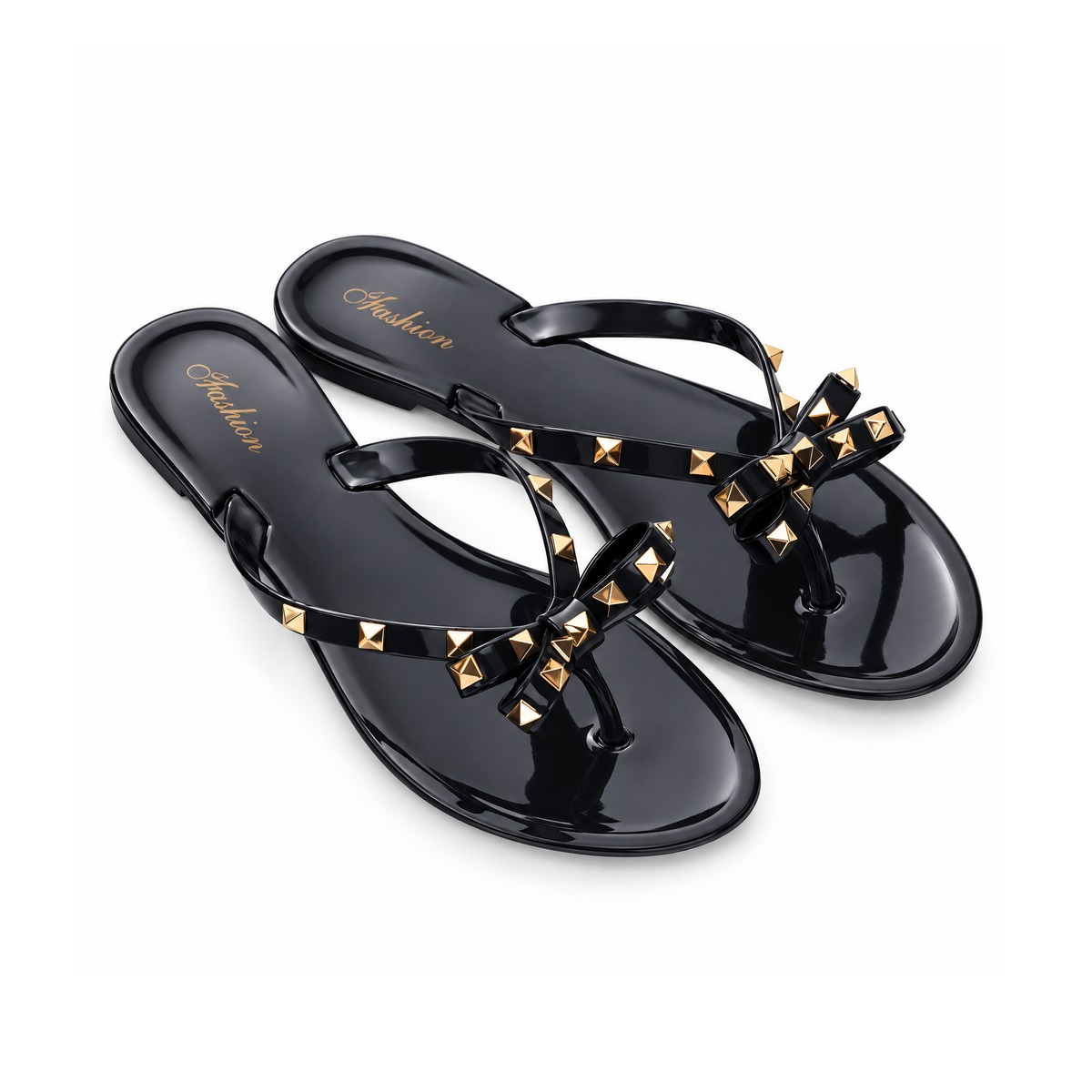 Rubber Flip-Flop Sandals With Studded Straps and Bows — front view