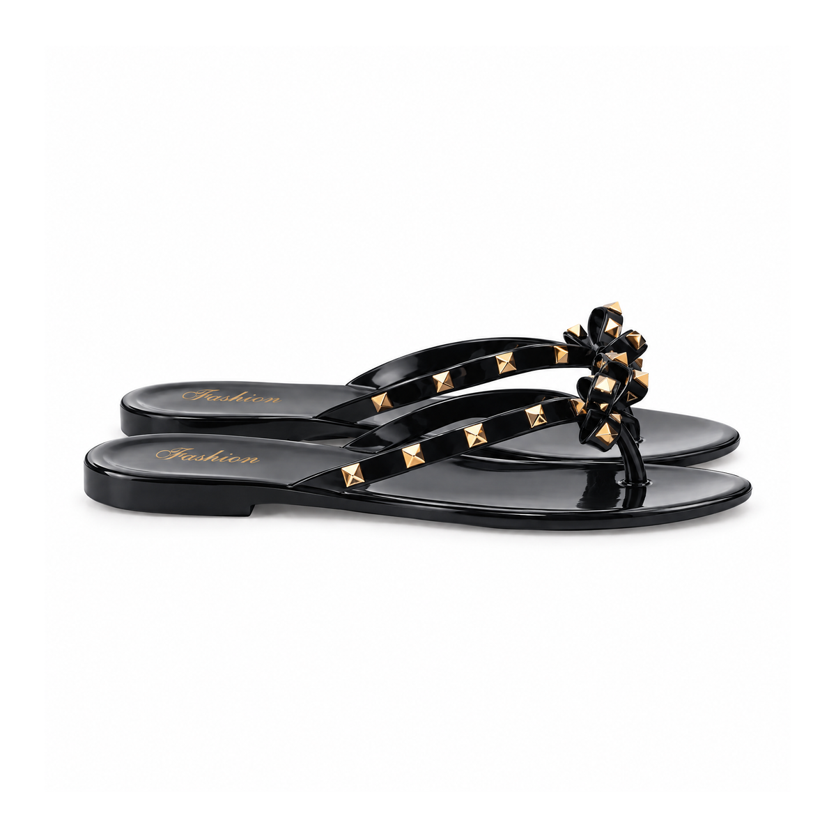 Rubber Flip-Flop Sandals With Studded Straps and Bows — angled view