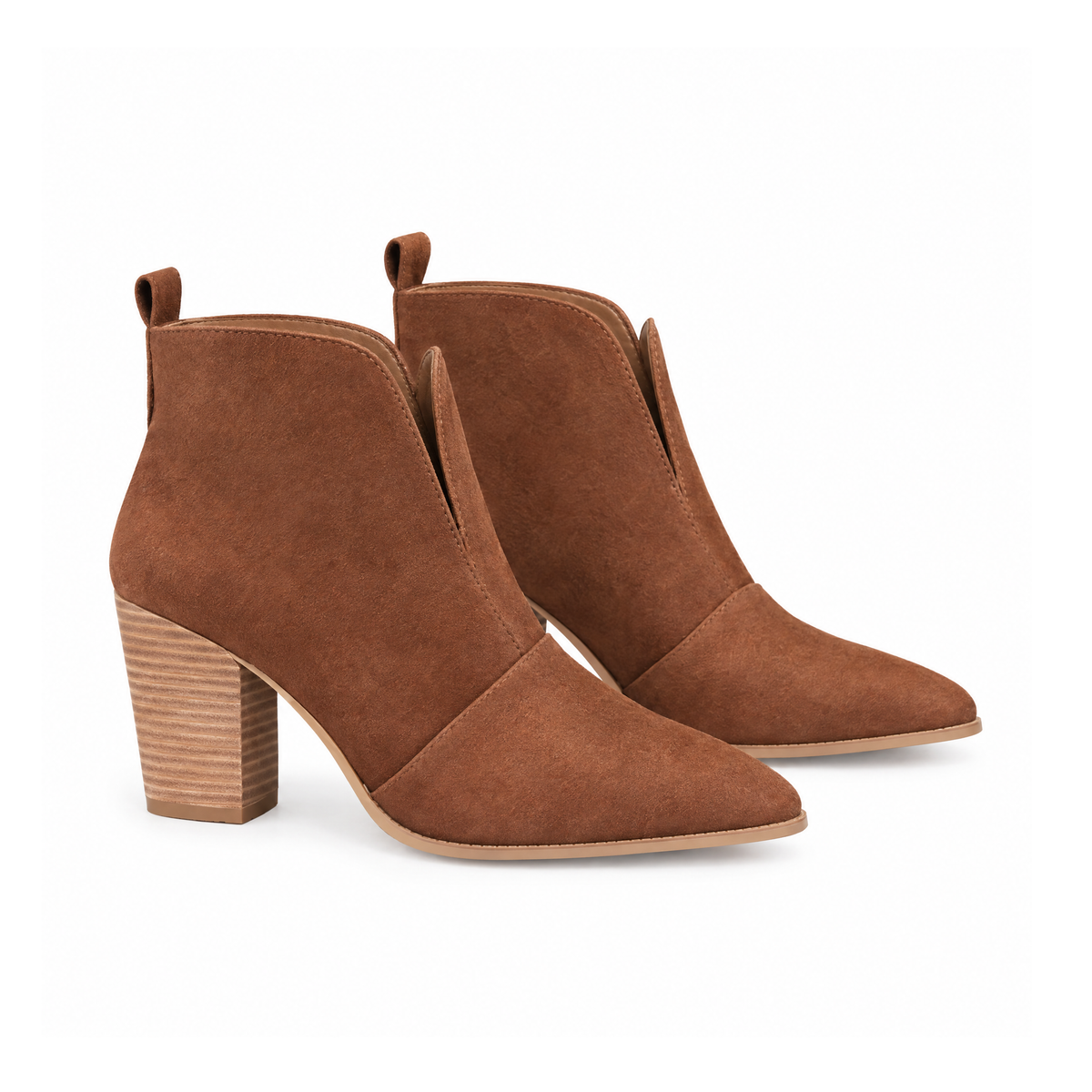 Ankle Boots With a Deep V-Notch Front and Block Heels — angled view
