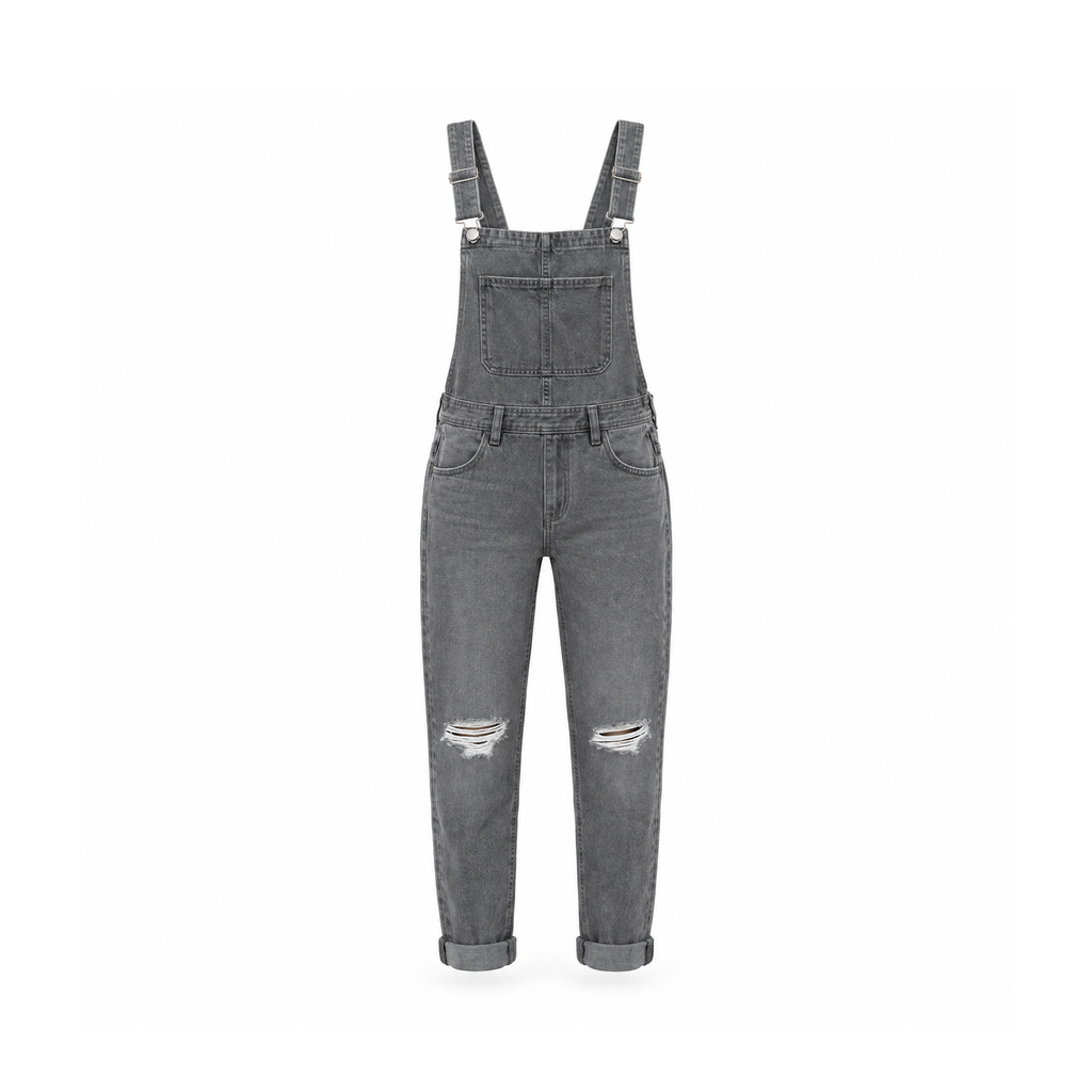 Distressed Bib Overalls With Shoulder Straps and Front Pockets — front view