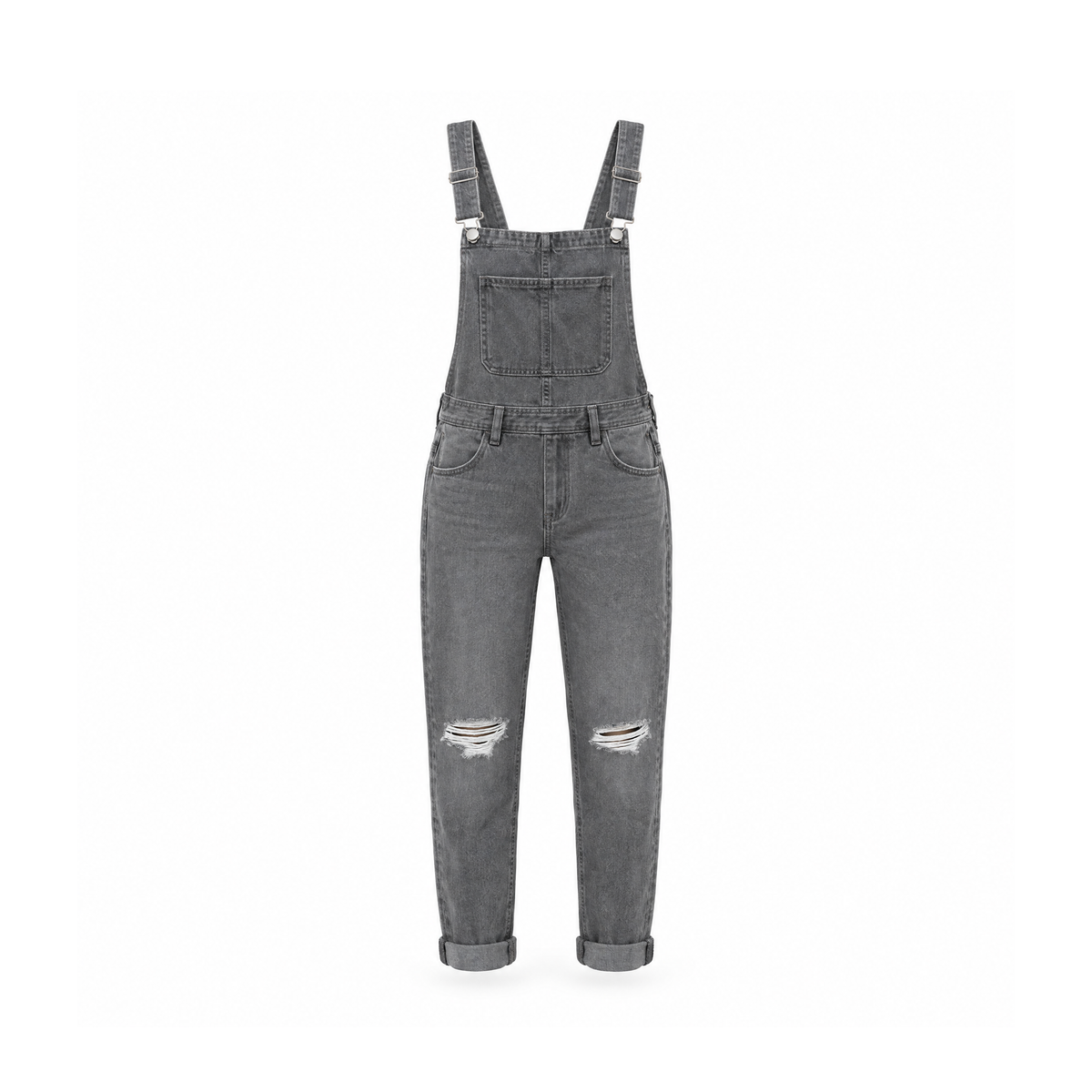 Distressed Bib Overalls With Shoulder Straps and Front Pockets — front view