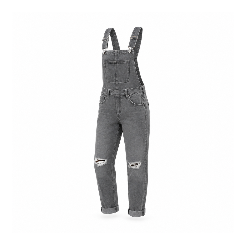 Distressed Bib Overalls With Shoulder Straps and Front Pockets — angled view
