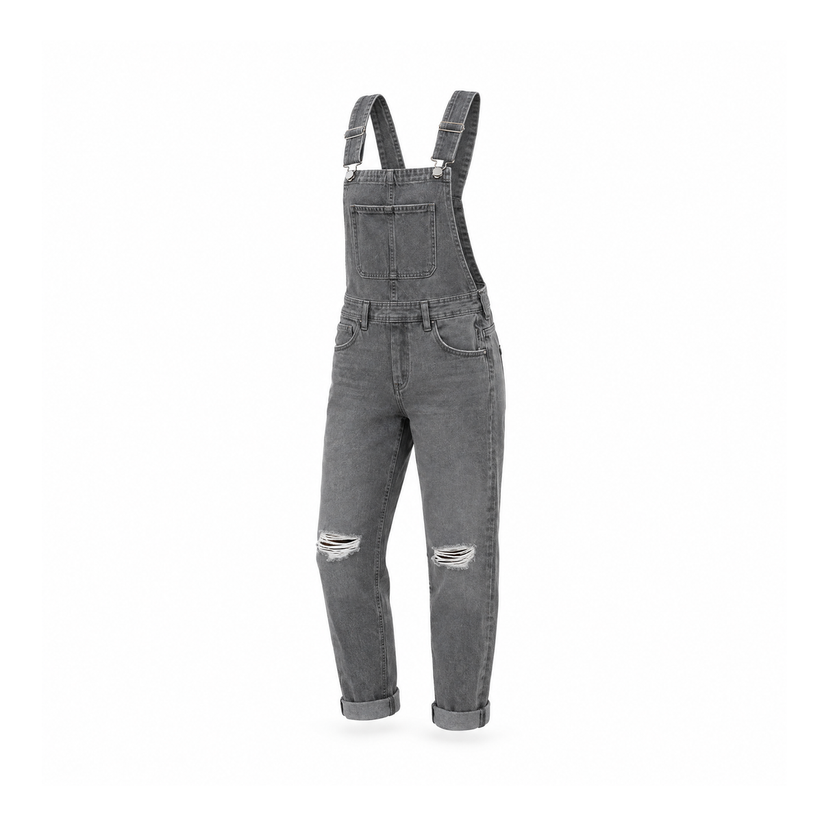 Distressed Bib Overalls With Shoulder Straps and Front Pockets — angled view