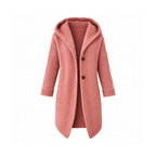 Long Hooded Knit Cardigan With Dropped Shoulders and Buttons — front view