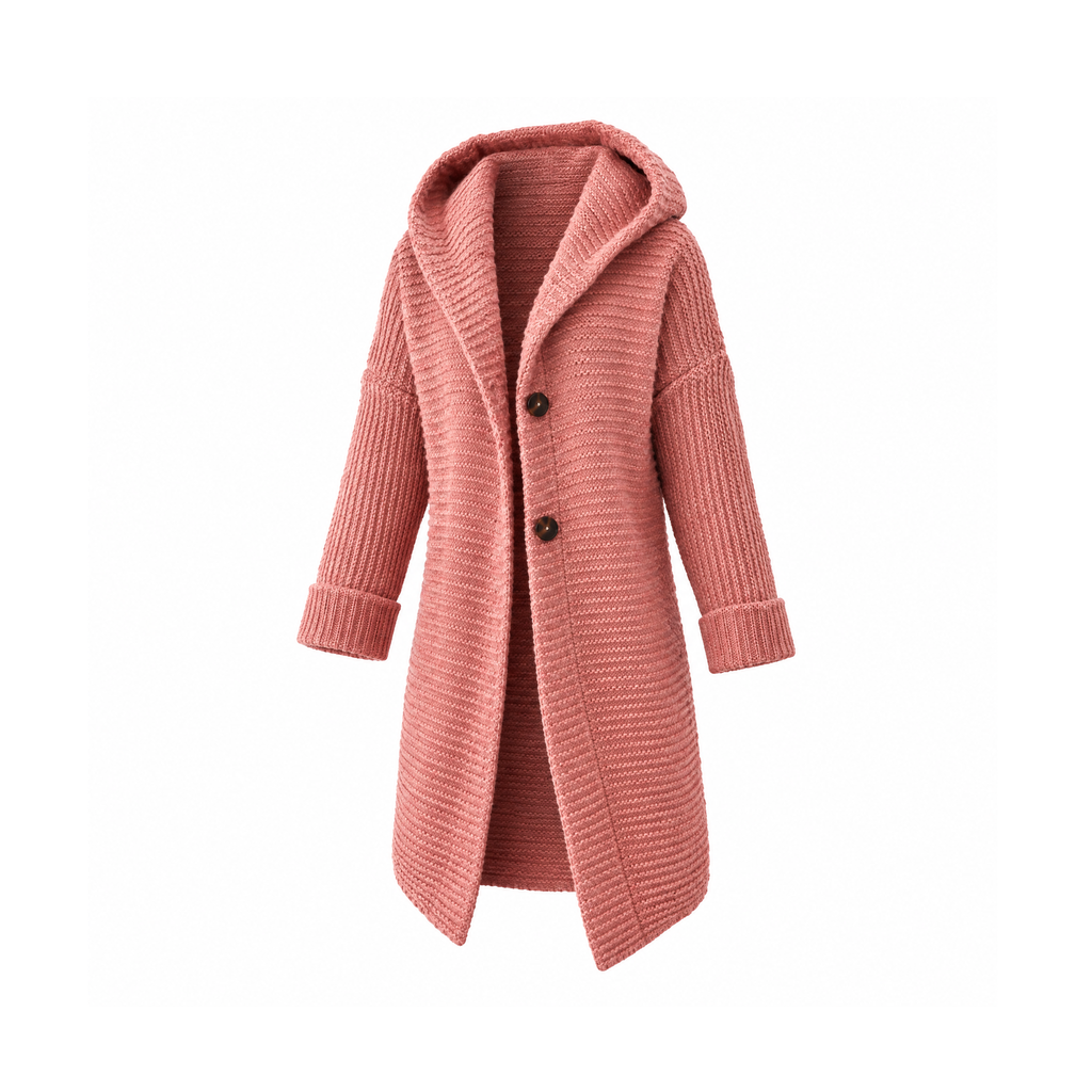 Long Hooded Knit Cardigan With Dropped Shoulders and Buttons — angled view