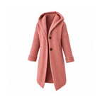 Long Hooded Knit Cardigan With Dropped Shoulders and Buttons — angled view