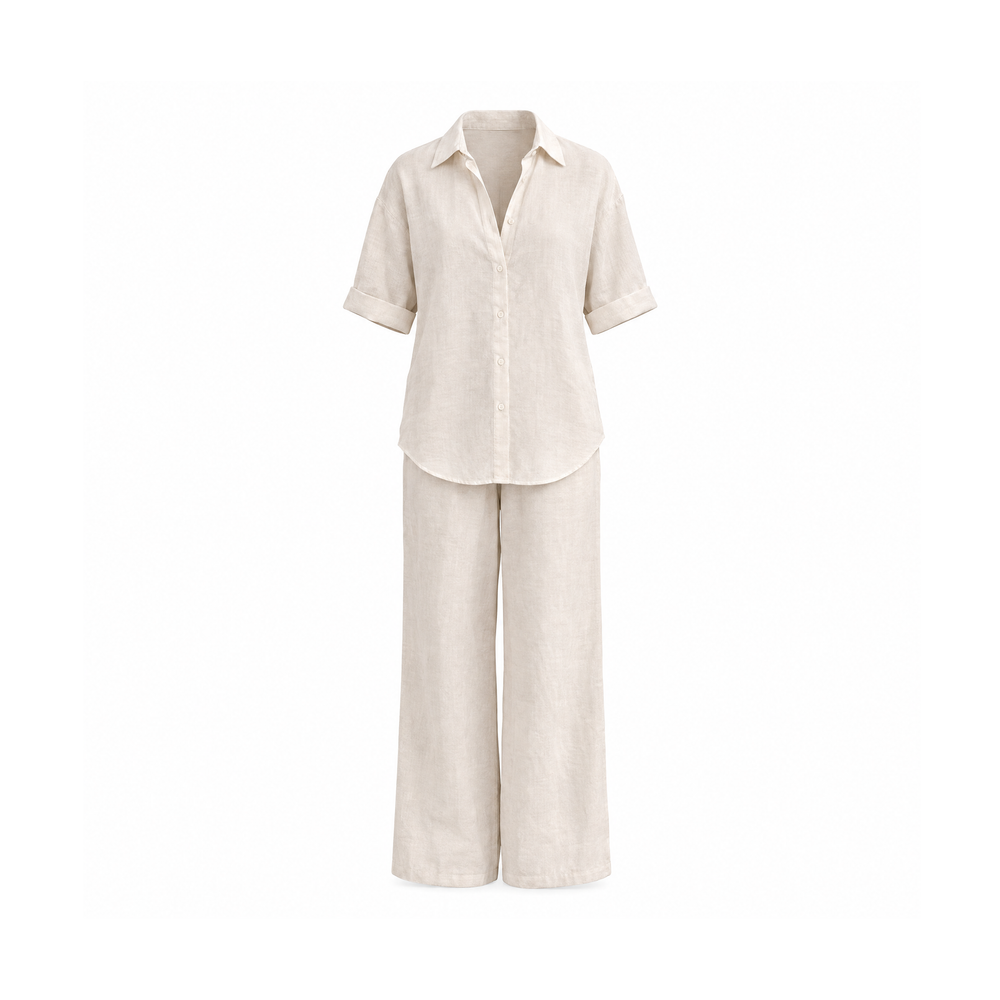 Linen Two-Piece Set With a Collared Shirt and Loose Trousers