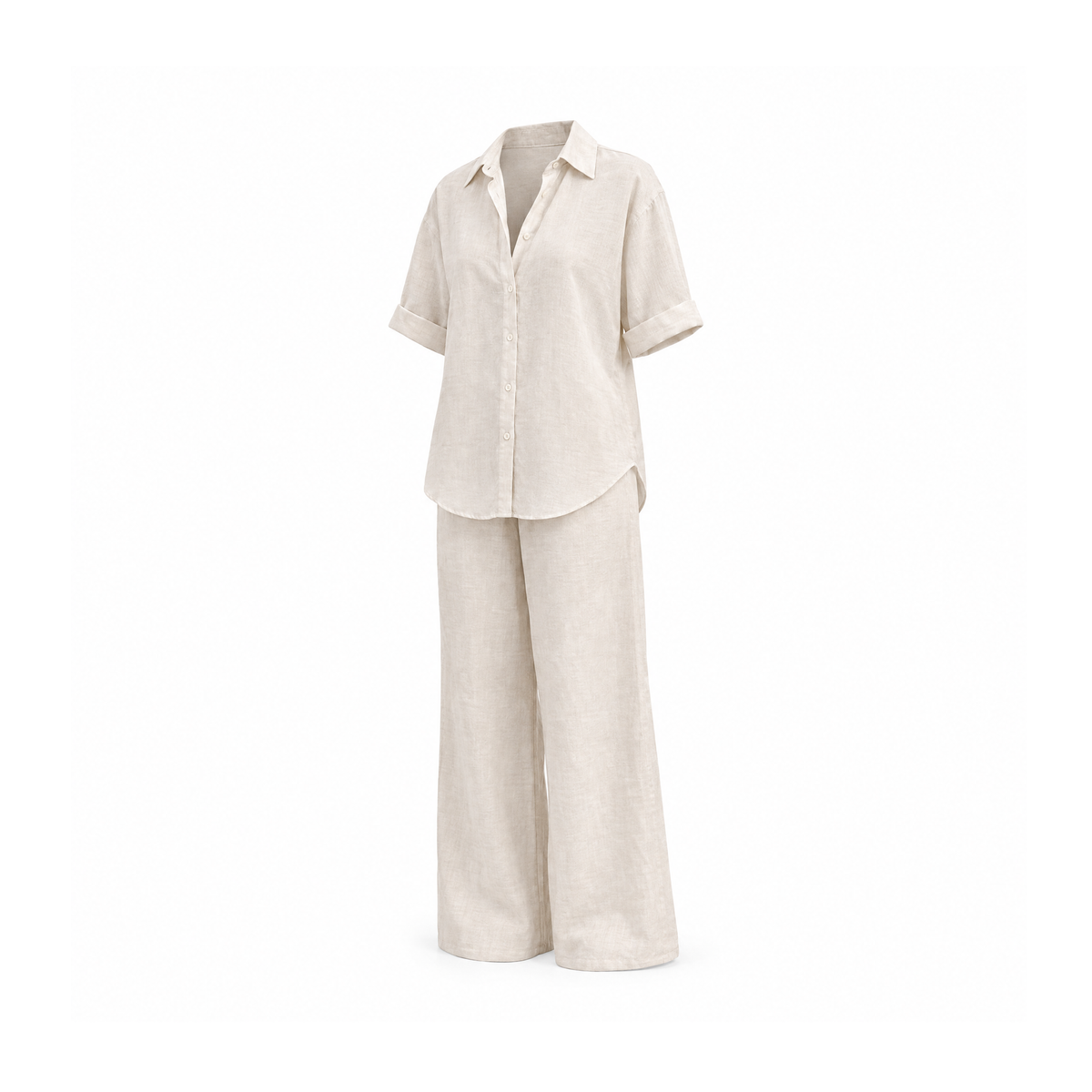 Linen Two-Piece Set With a Collared Shirt and Loose Trousers — angled view