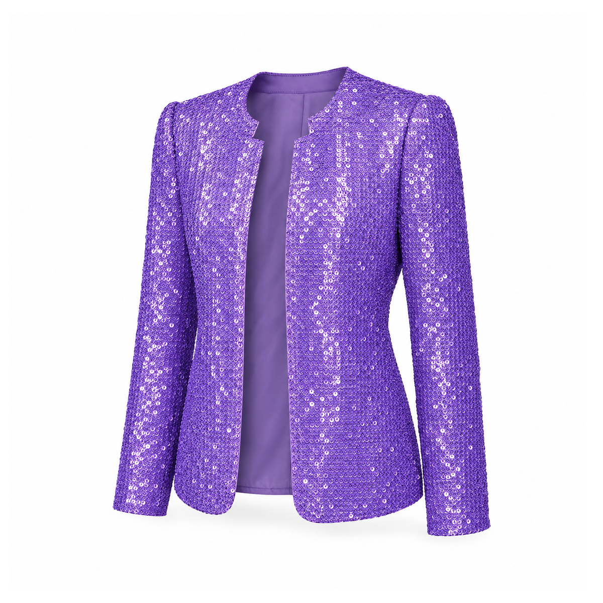 Sequin Blazer With Long Sleeves and a Collarless Neckline — angled view