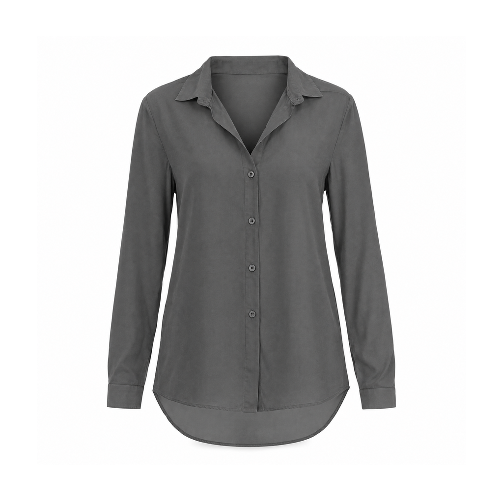 Button-Front Chiffon Blouse With a Collar and Curved Hem — front view