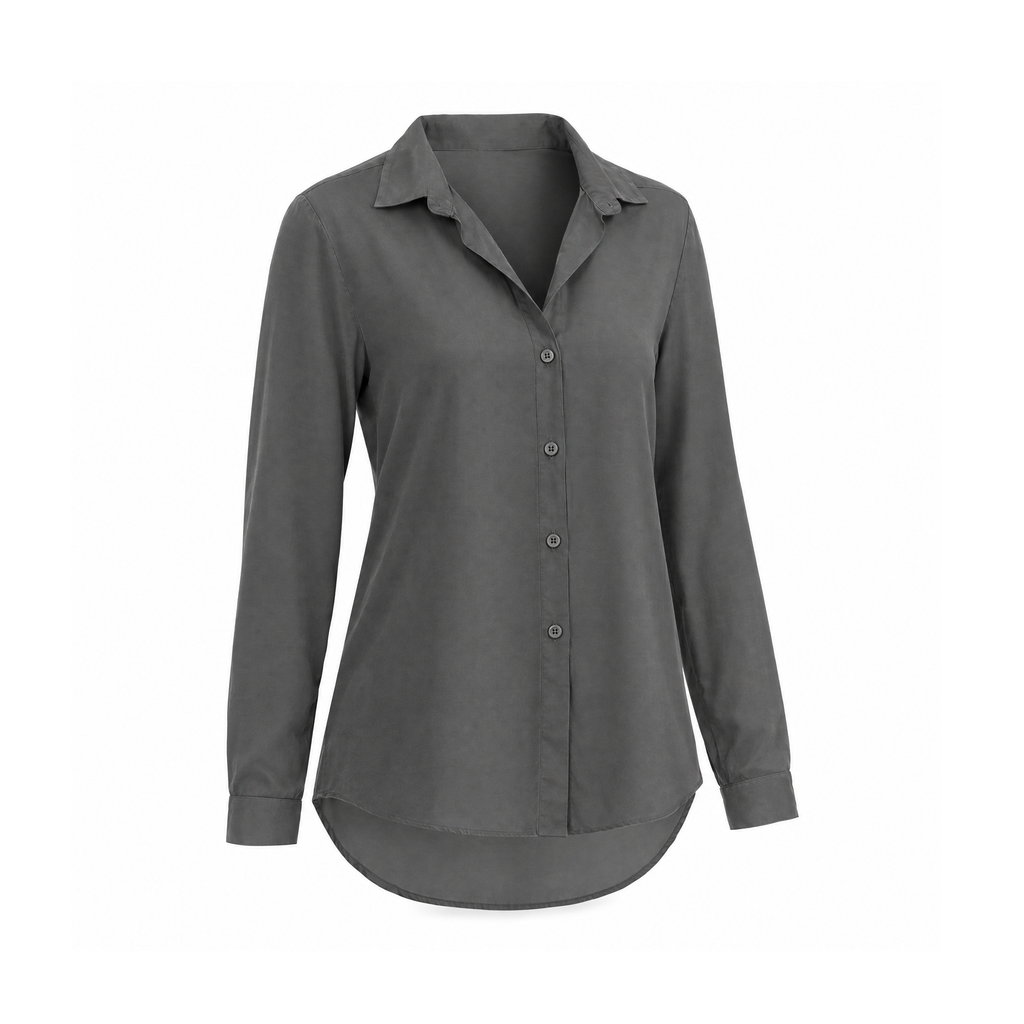Button-Front Chiffon Blouse With a Collar and Curved Hem — angled view
