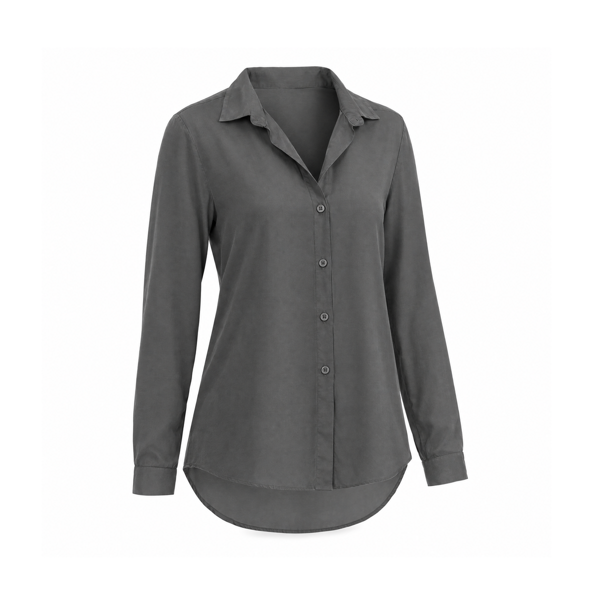 Button-Front Chiffon Blouse With a Collar and Curved Hem — angled view