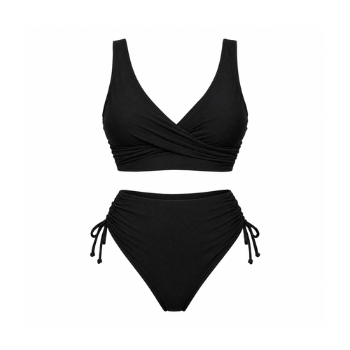 Black Bikini With a Crossover Front, Lace-Up Back and Side Ties — front view