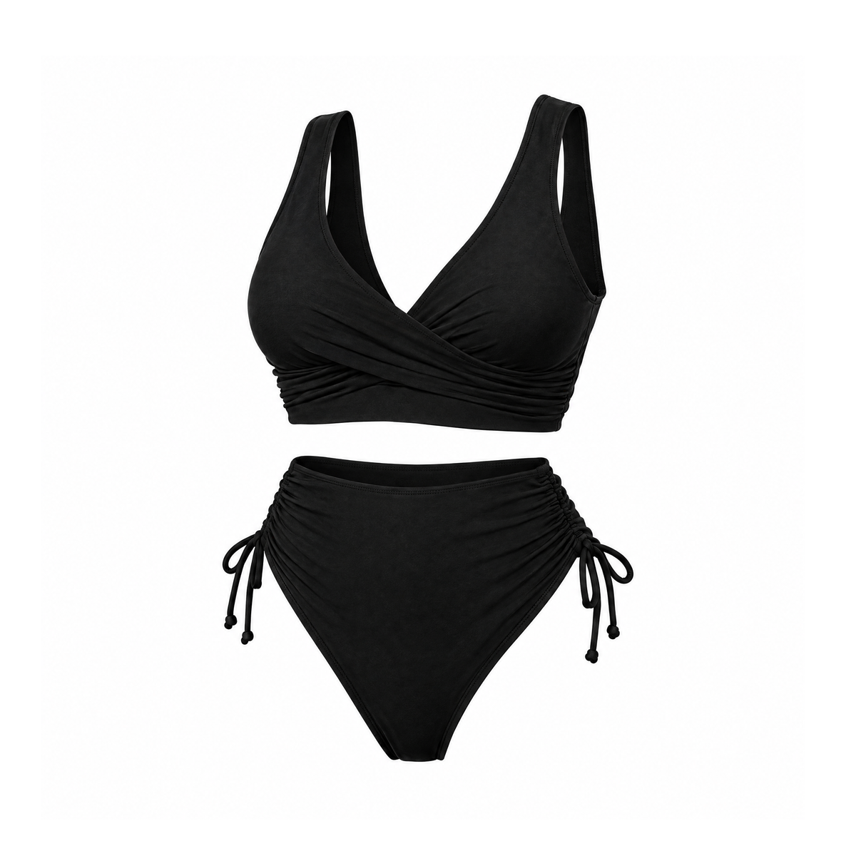Black Bikini With a Crossover Front, Lace-Up Back and Side Ties — angled view