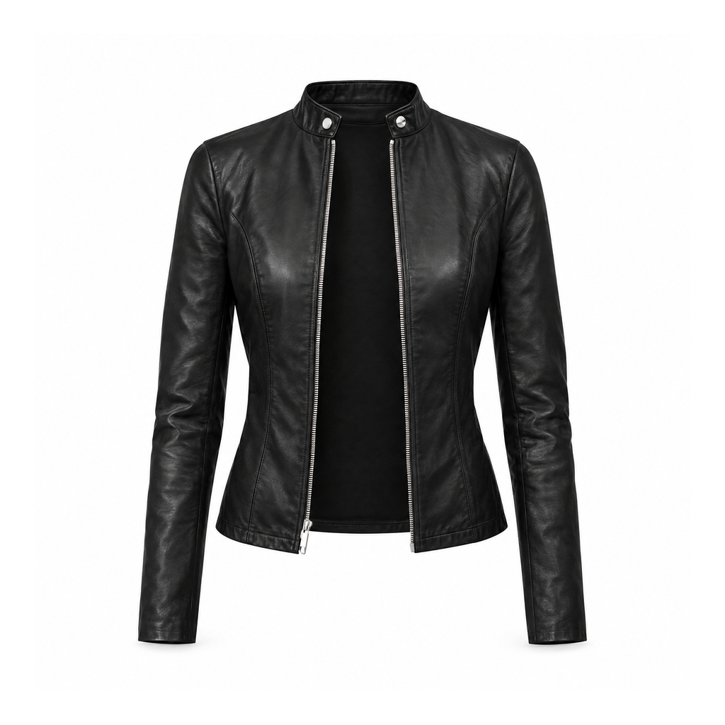 Faux-Leather Zip Jacket With a Short Stand Collar, Aurora — front view