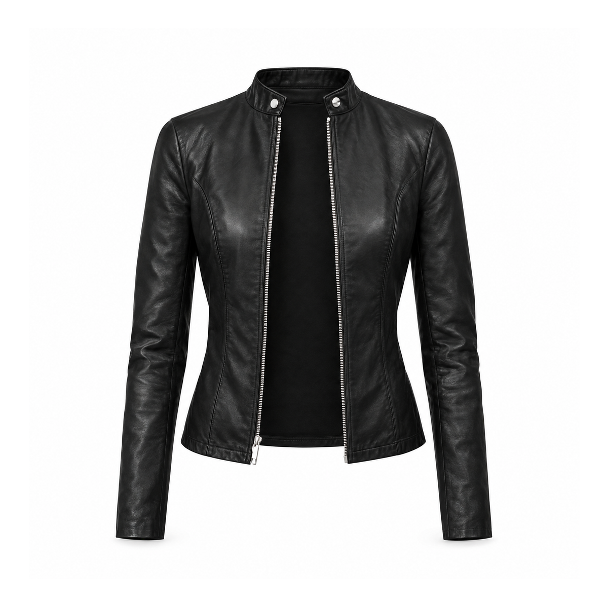 Faux-Leather Zip Jacket With a Short Stand Collar, Aurora — front view