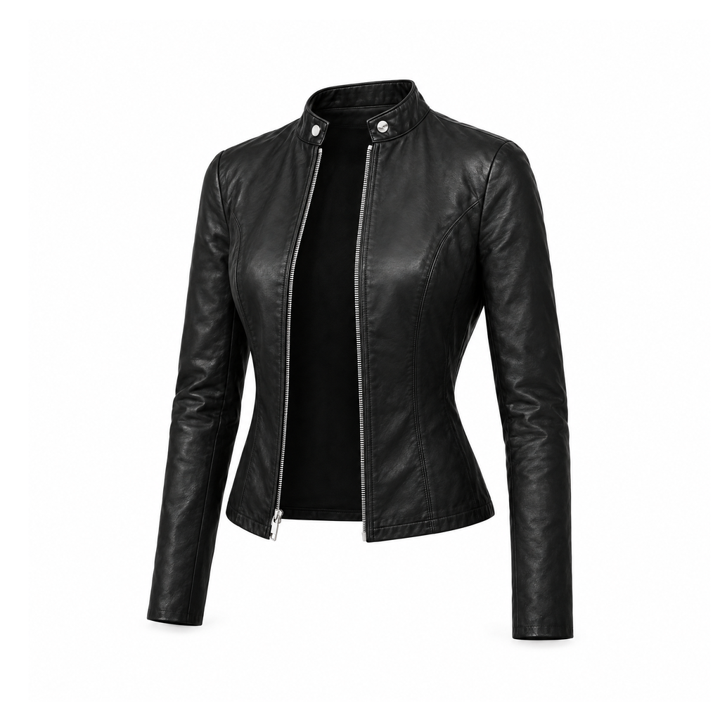 Faux-Leather Zip Jacket With a Short Stand Collar, Aurora — angled view