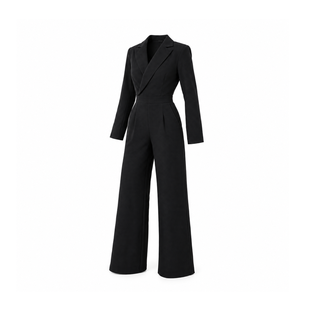 Long-Sleeve Jumpsuit With Lapels and a Fitted Waist — angled view