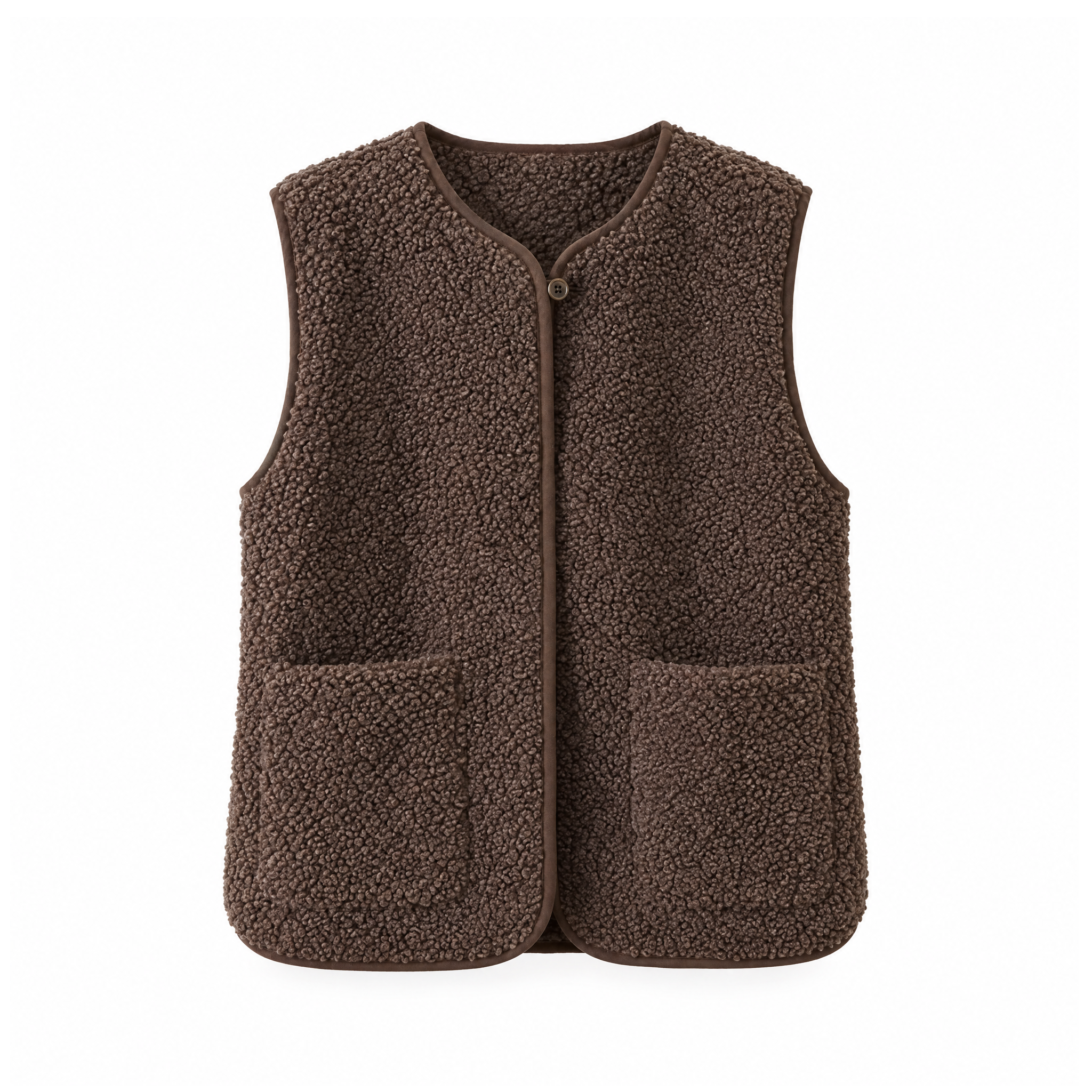 Teddy-Fleece Button-Front Gilet With Two Patch Pockets — Brown, front view