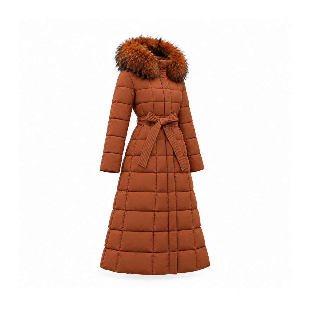 Long Quilted Winter Coat With a Waist Tie and Hood, Arno — angled view