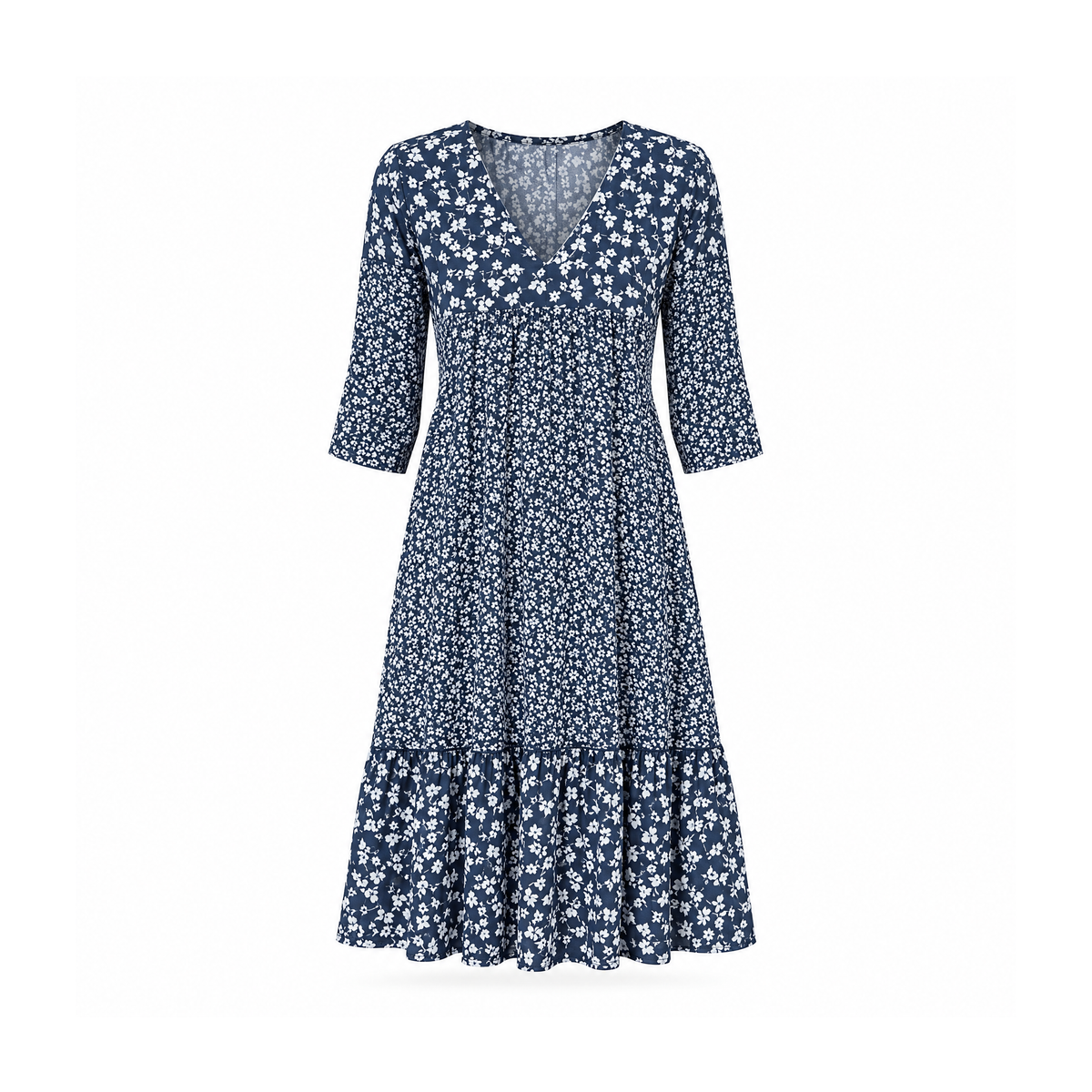 Floral V-Neck Dress With Three-Quarter Sleeves and a Tiered Hem — front view