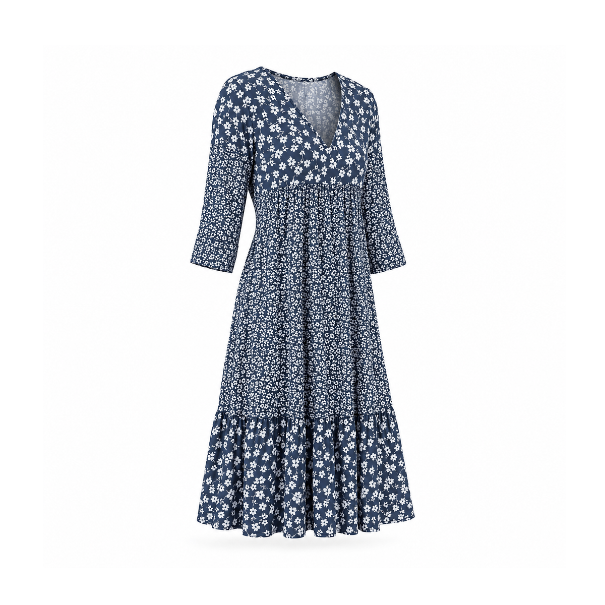 Floral V-Neck Dress With Three-Quarter Sleeves and a Tiered Hem — angled view