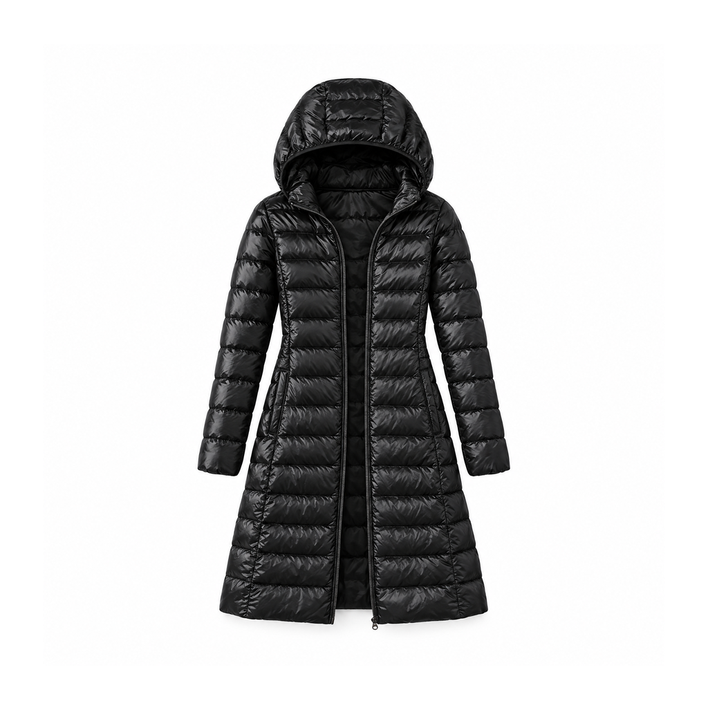 Lightweight Nylon Puffer Coat With a Long Cut and Hood — front view