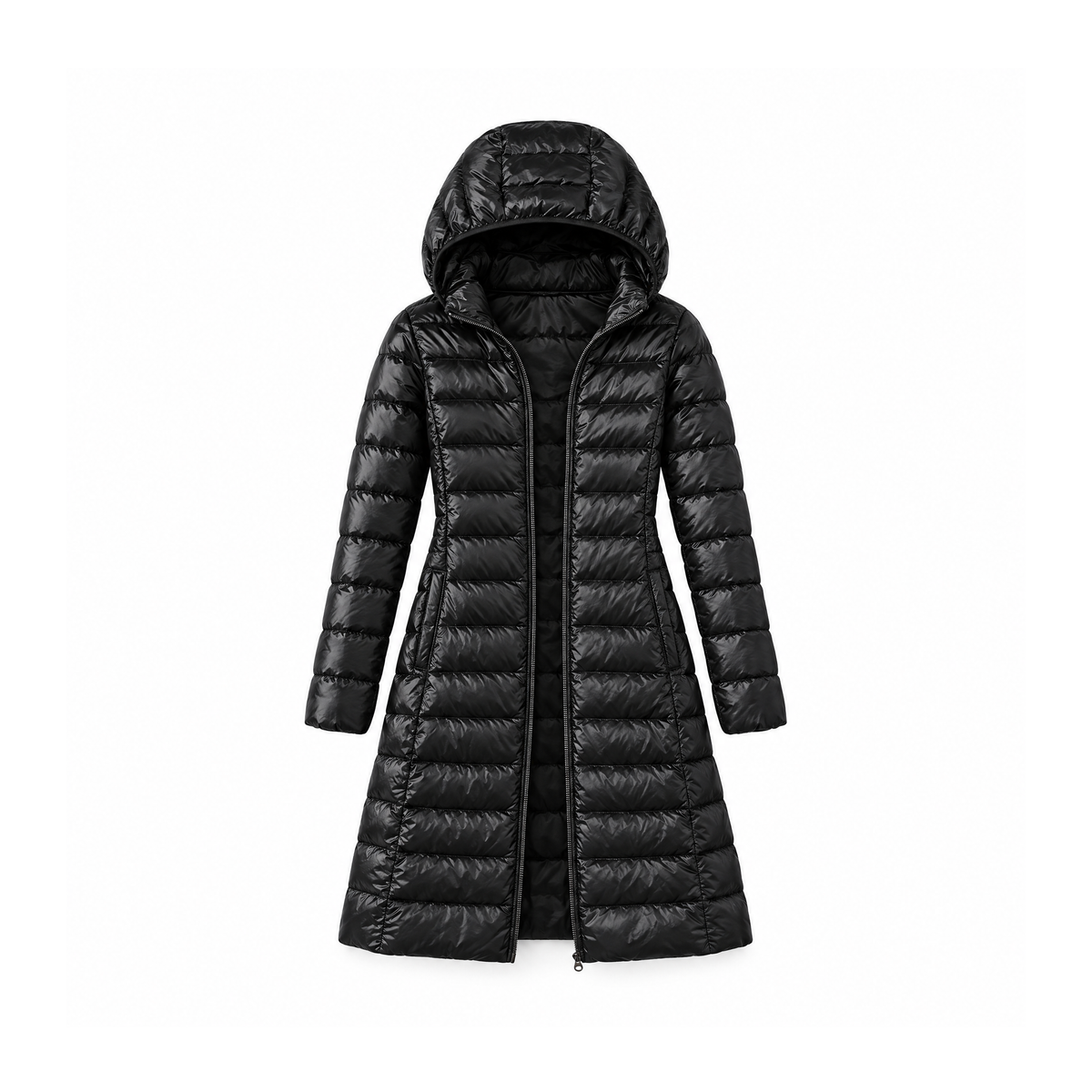 Lightweight Nylon Puffer Coat With a Long Cut and Hood — front view