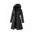 Lightweight Nylon Puffer Coat With a Long Cut and Hood — angled view