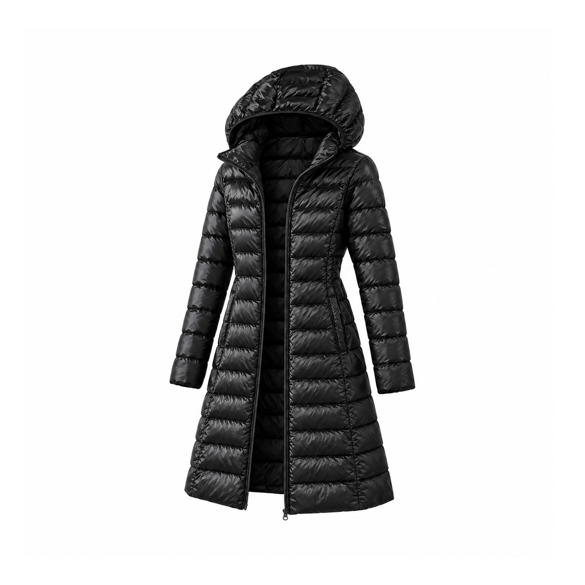 Lightweight Nylon Puffer Coat With a Long Cut and Hood — angled view
