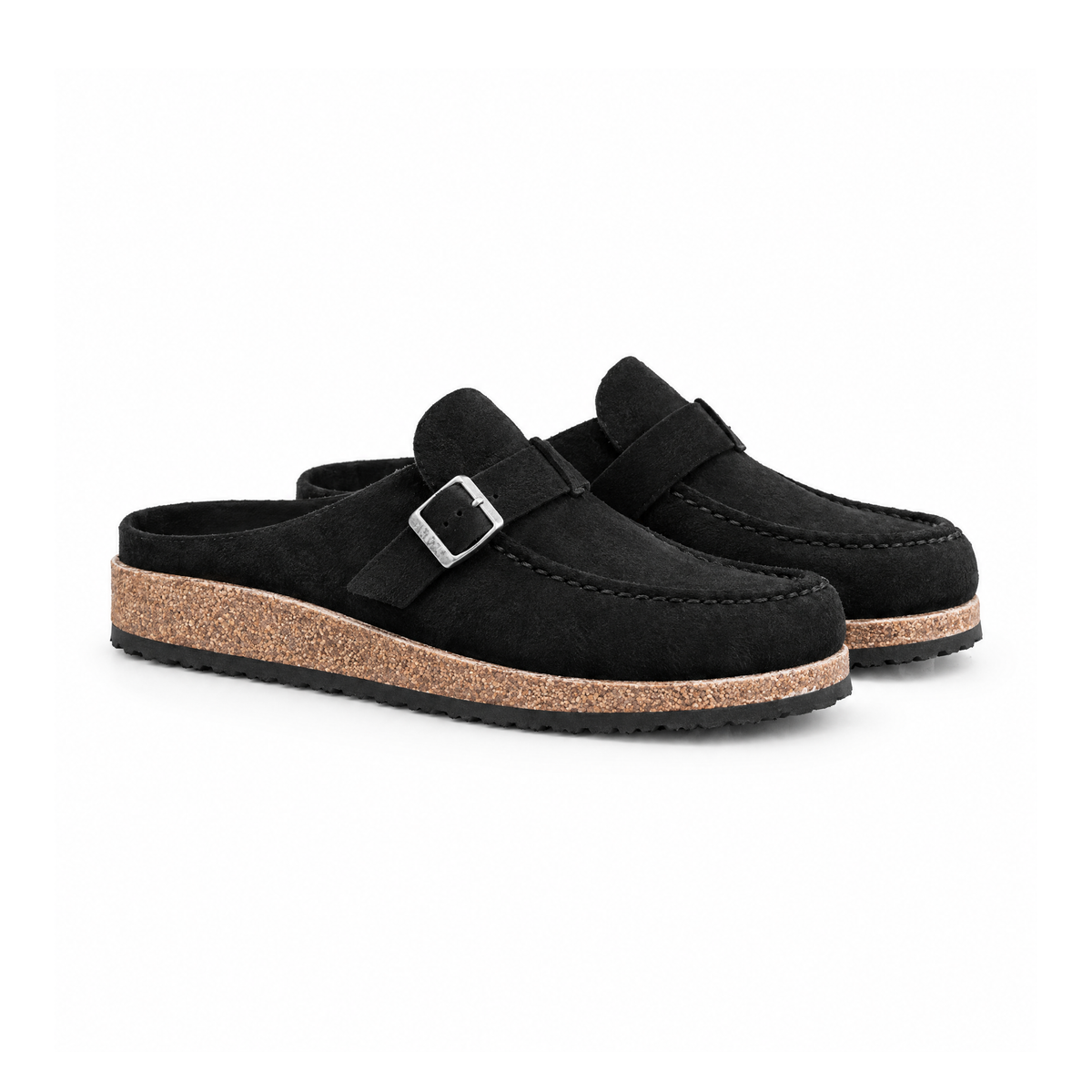 Closed-Toe Buckle Clogs With an Open Heel and Cork-Look Sole — front view