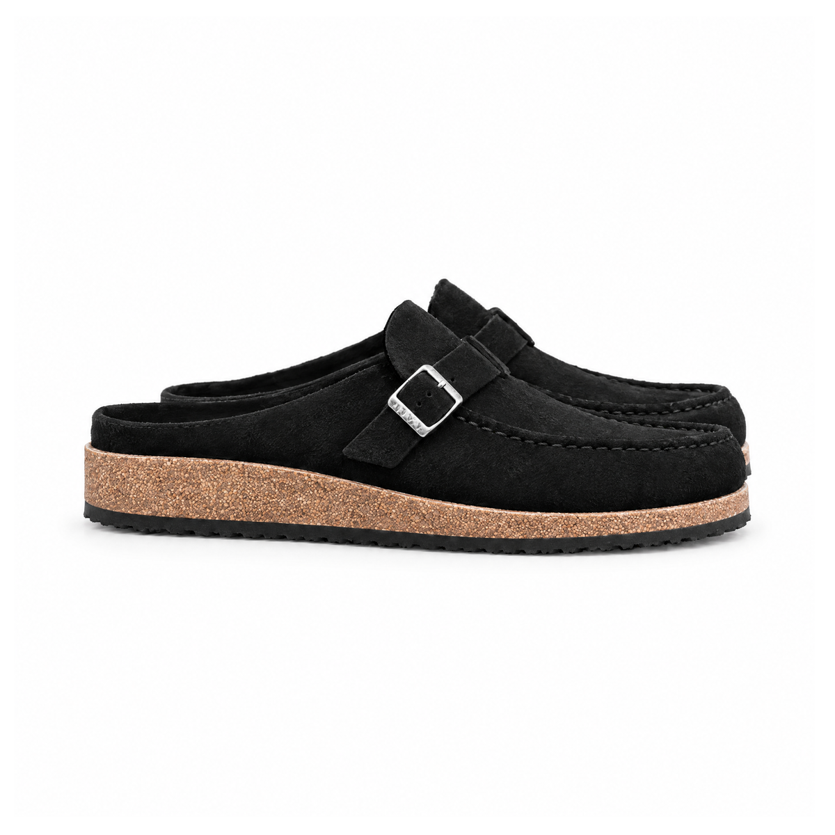 Closed-Toe Buckle Clogs With an Open Heel and Cork-Look Sole — angled view