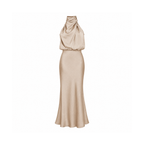 Sleeveless Midi Cocktail Dress With a Draped High Neck — front view