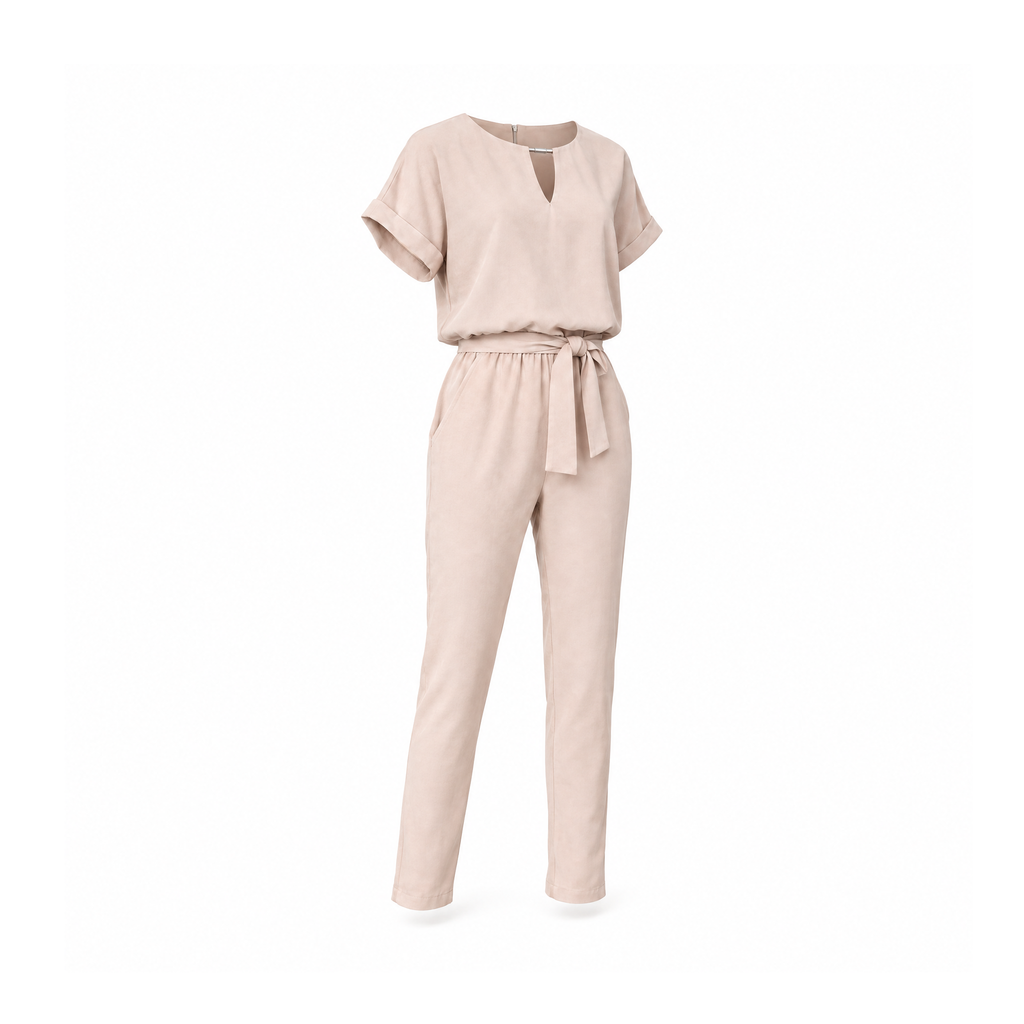 Short-Sleeve Jumpsuit With a Keyhole Neck and Tied Waist — angled view