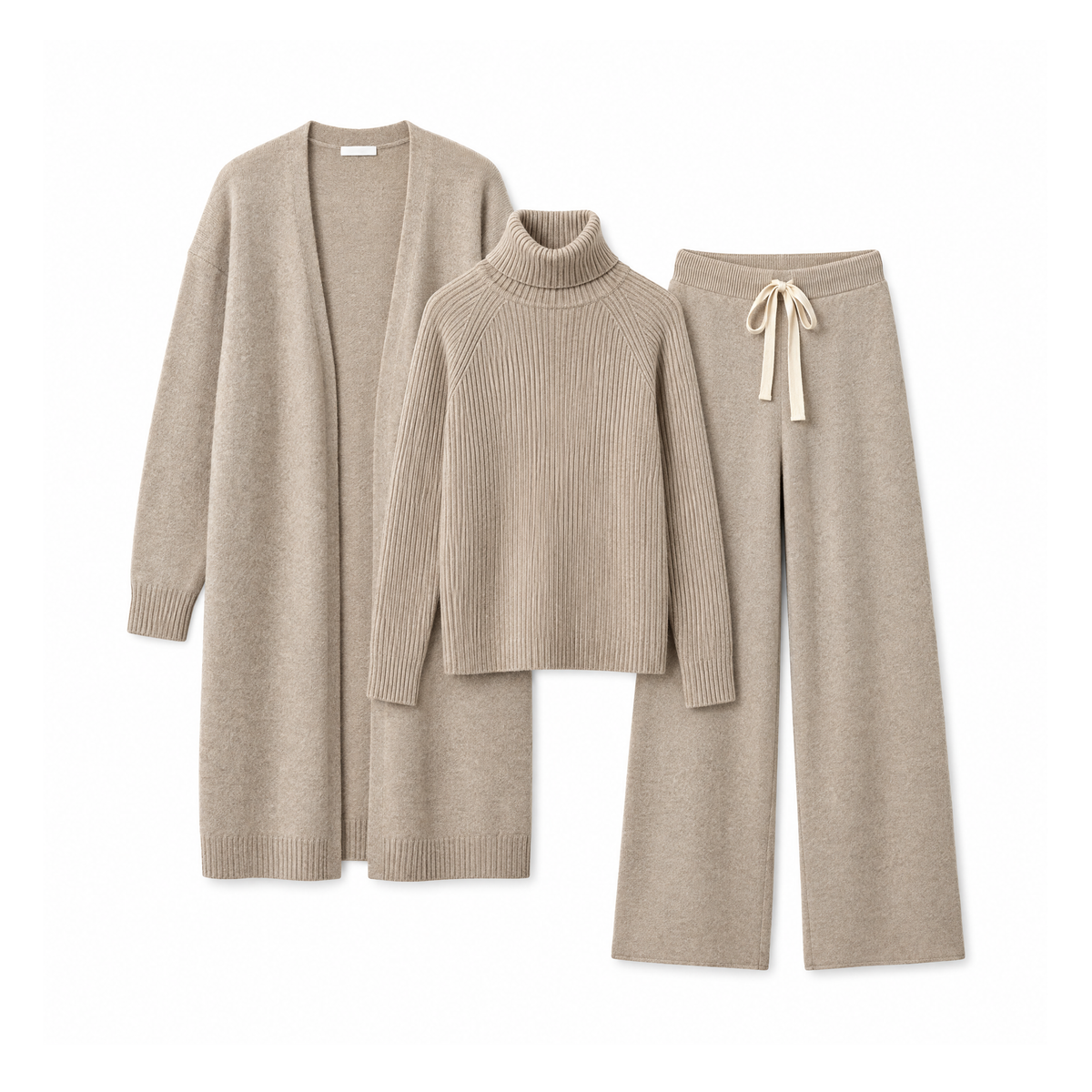 Three-Piece Knit Set With Roll-Neck Top and Long Open Jacket — front view