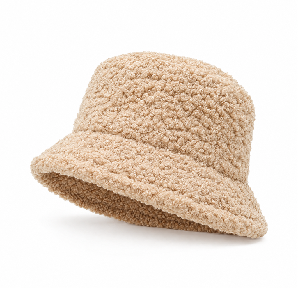 Lambswool Bucket Hat With a Curly Texture and Turned-Down Brim — Beige, front view