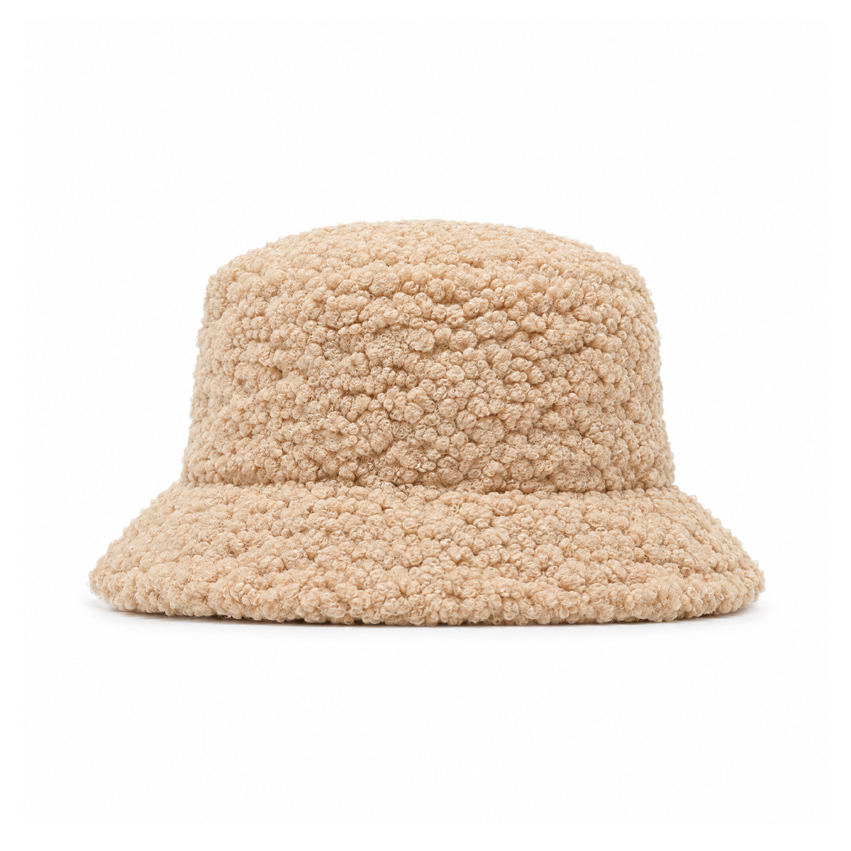 Lambswool Bucket Hat With a Curly Texture and Turned-Down Brim — Beige, angled view