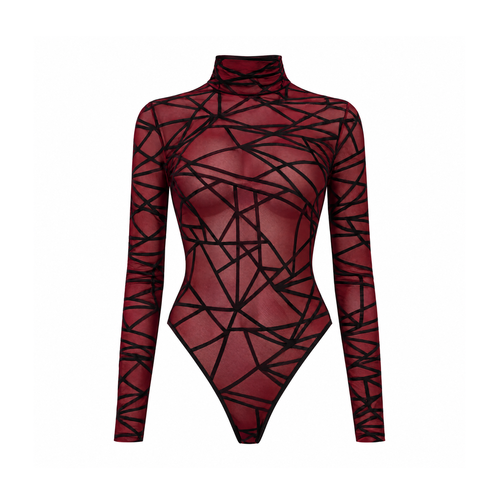 Sheer Geometric Mesh Bodysuit With a High Neck and Long Sleeves — Wine Red, front view