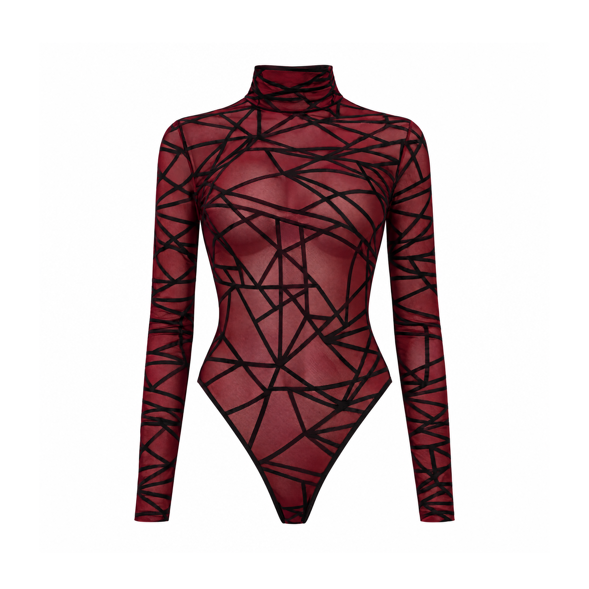 Sheer Geometric Mesh Bodysuit With a High Neck and Long Sleeves — Wine Red, front view