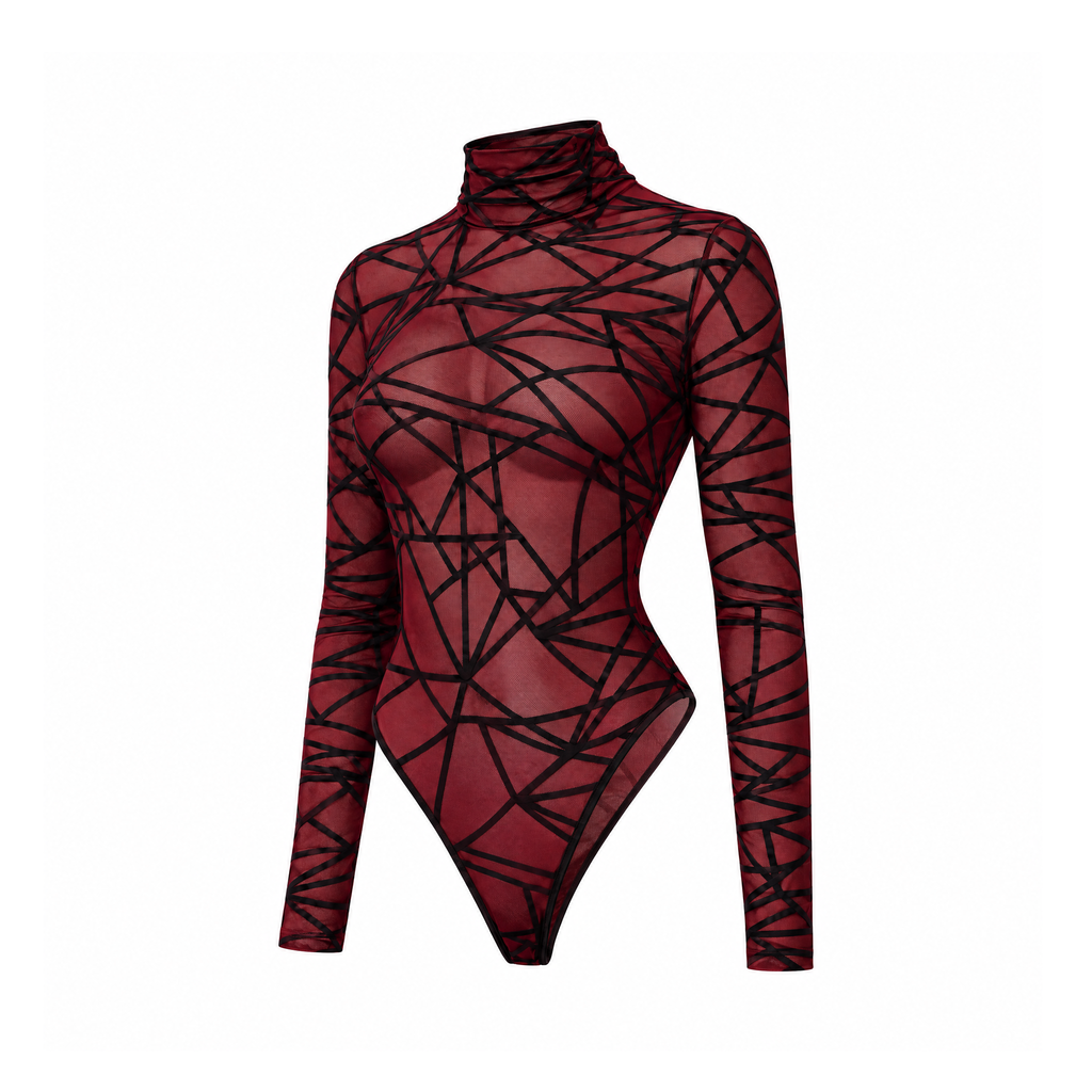 Sheer Geometric Mesh Bodysuit With a High Neck and Long Sleeves — Wine Red, angled view