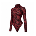 Sheer Geometric Mesh Bodysuit With a High Neck and Long Sleeves — Wine Red, angled view