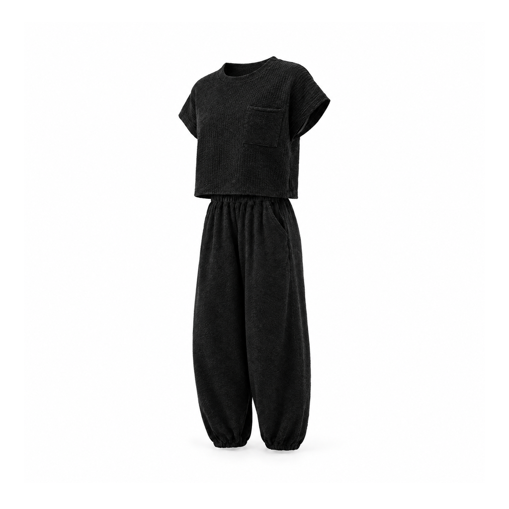 Knit Top and Lounge Trouser Set With a Chest Pocket, Laurent — Black, angled view