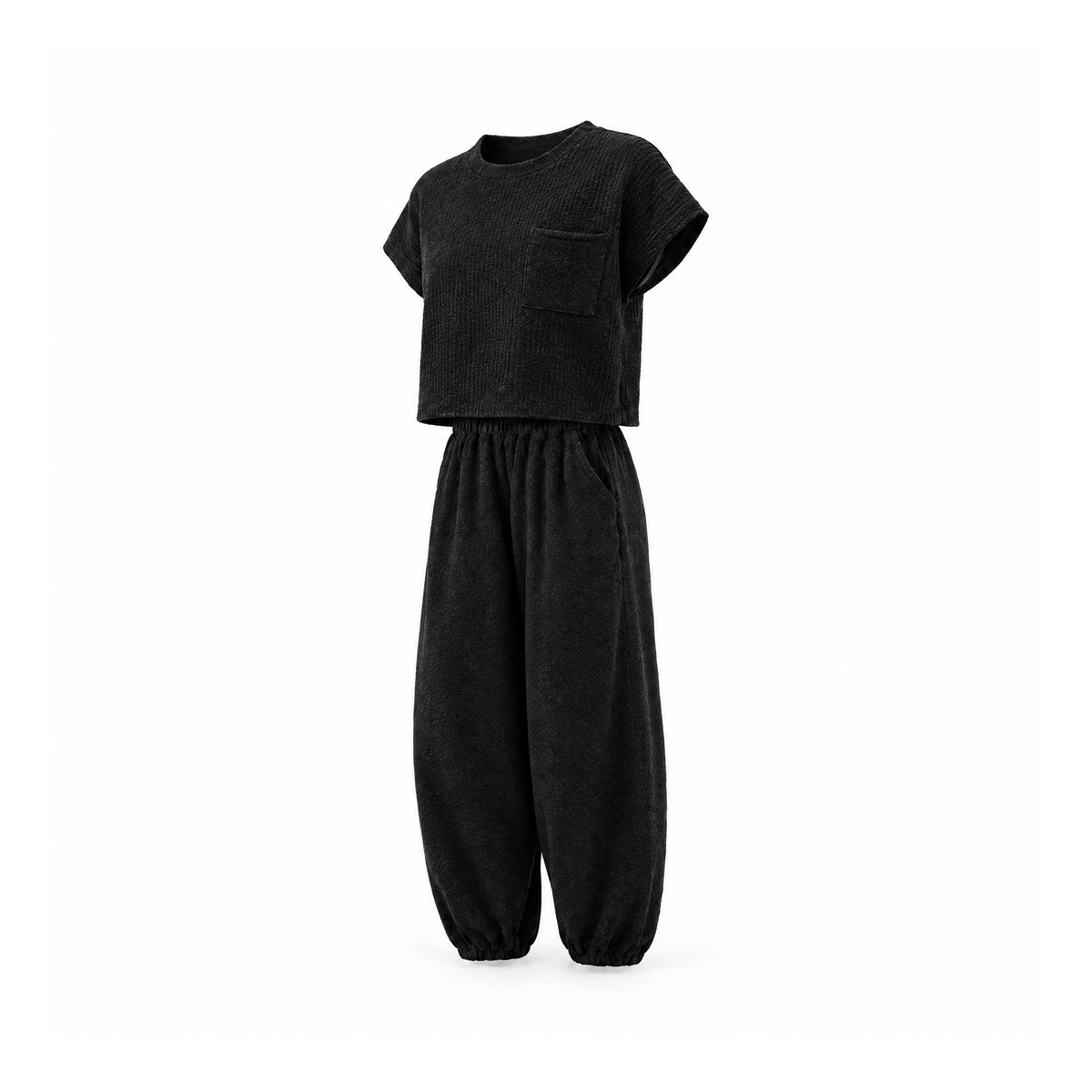 Knit Top and Lounge Trouser Set With a Chest Pocket, Laurent — Black, angled view